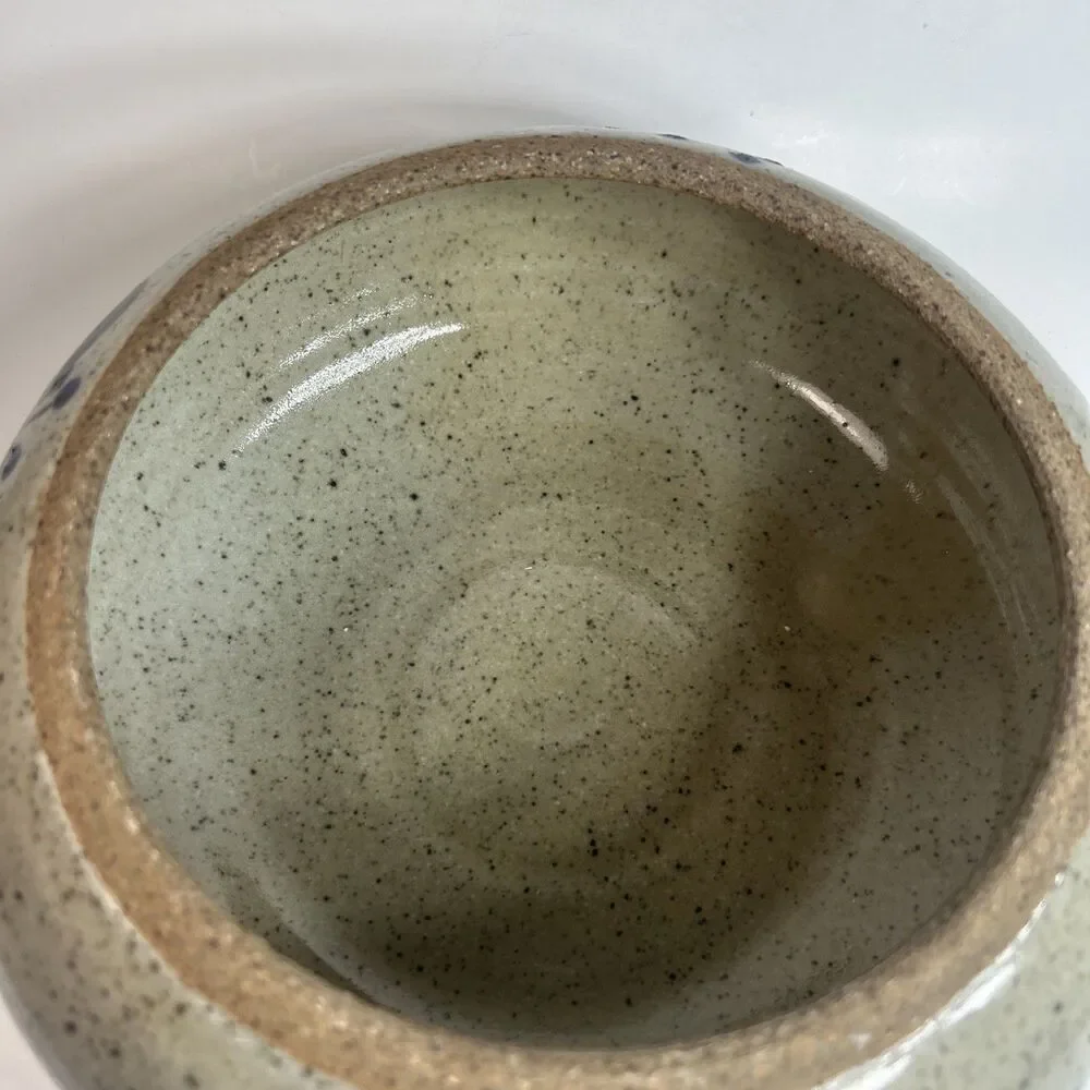 Vintage Studio Art Pottery Stoneware w Lid Blue Purple Speckled Brown Signed 9”